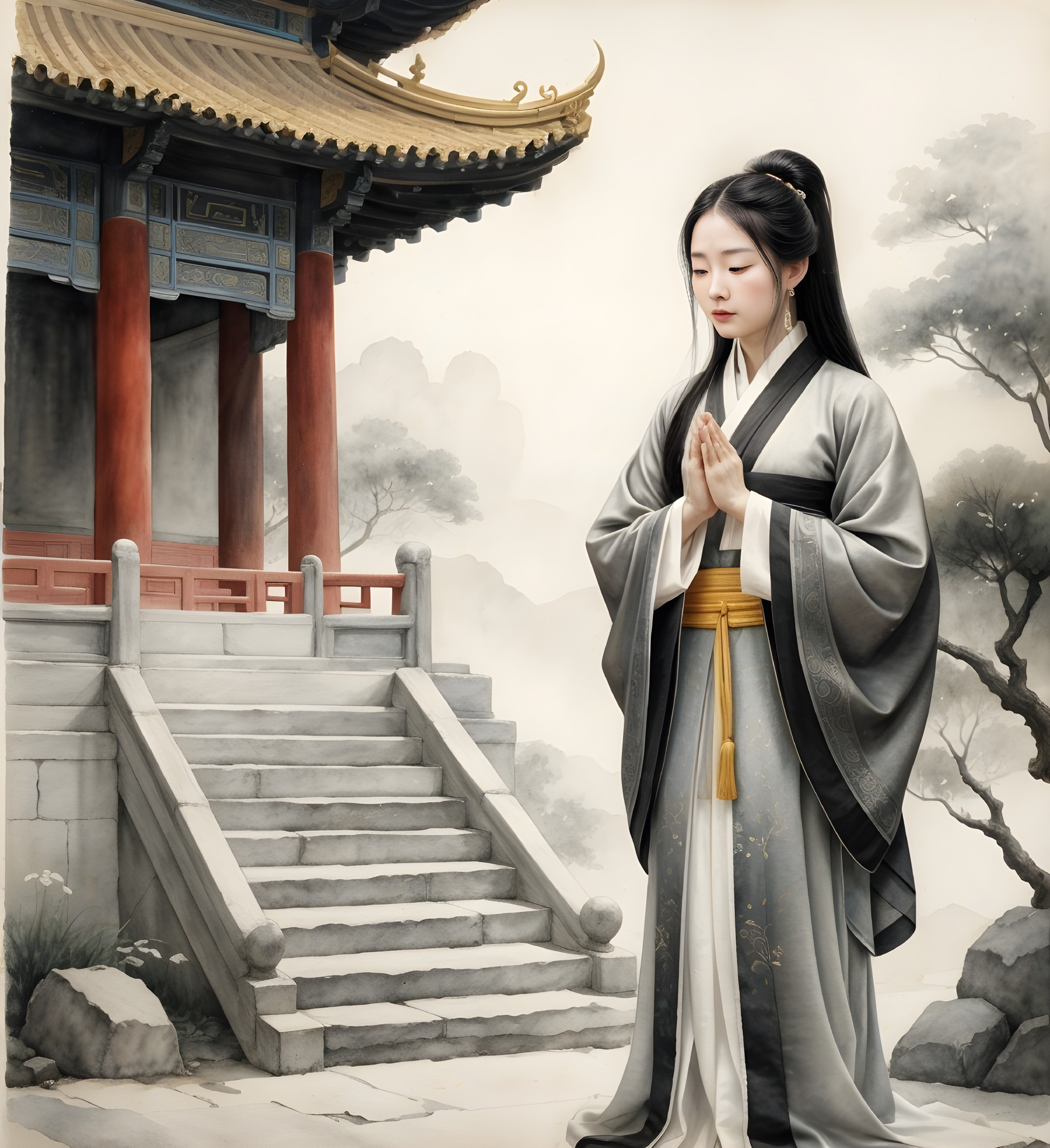 Serene Woman in Traditional Attire Before Pagoda