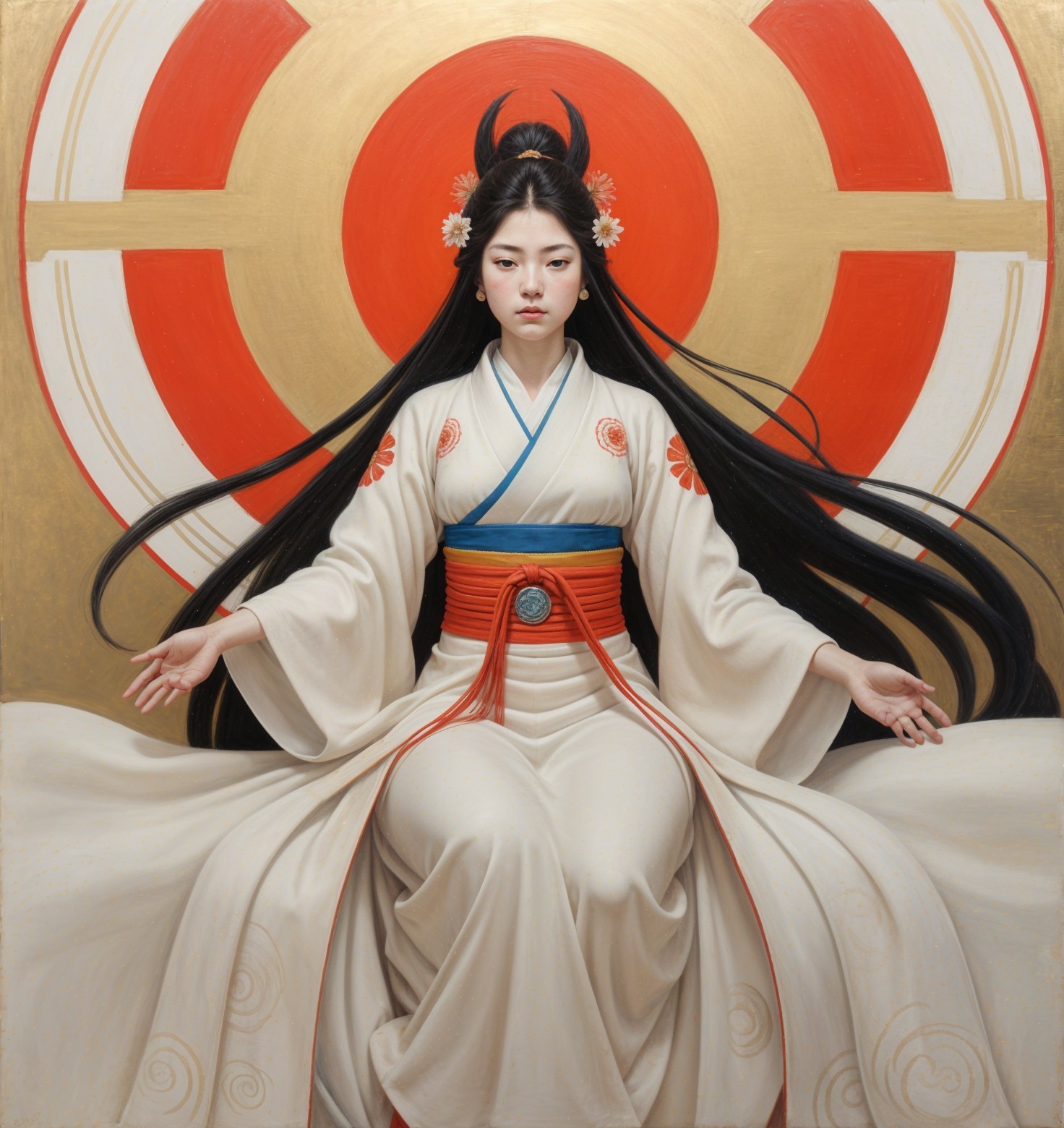 Serene Woman in Traditional Kimono with Floral Patterns