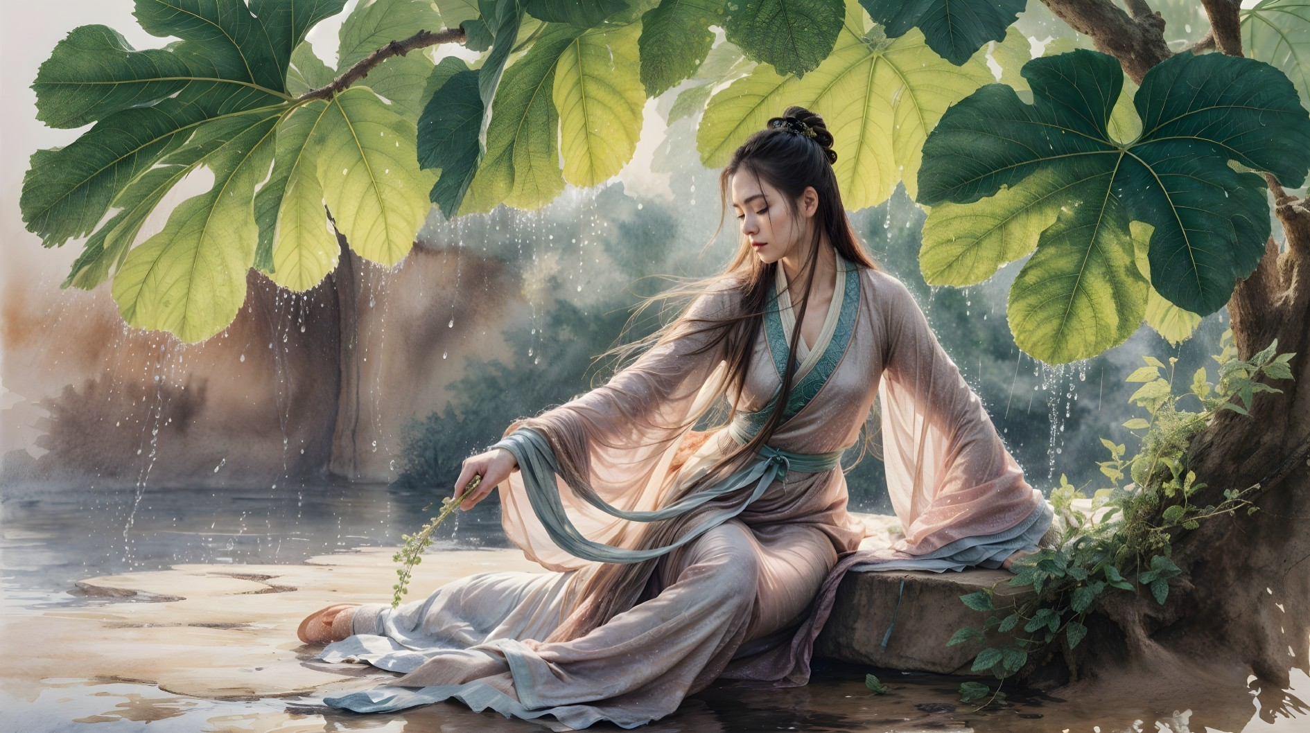 Young Woman by Tranquil Pond in Elegant Robes