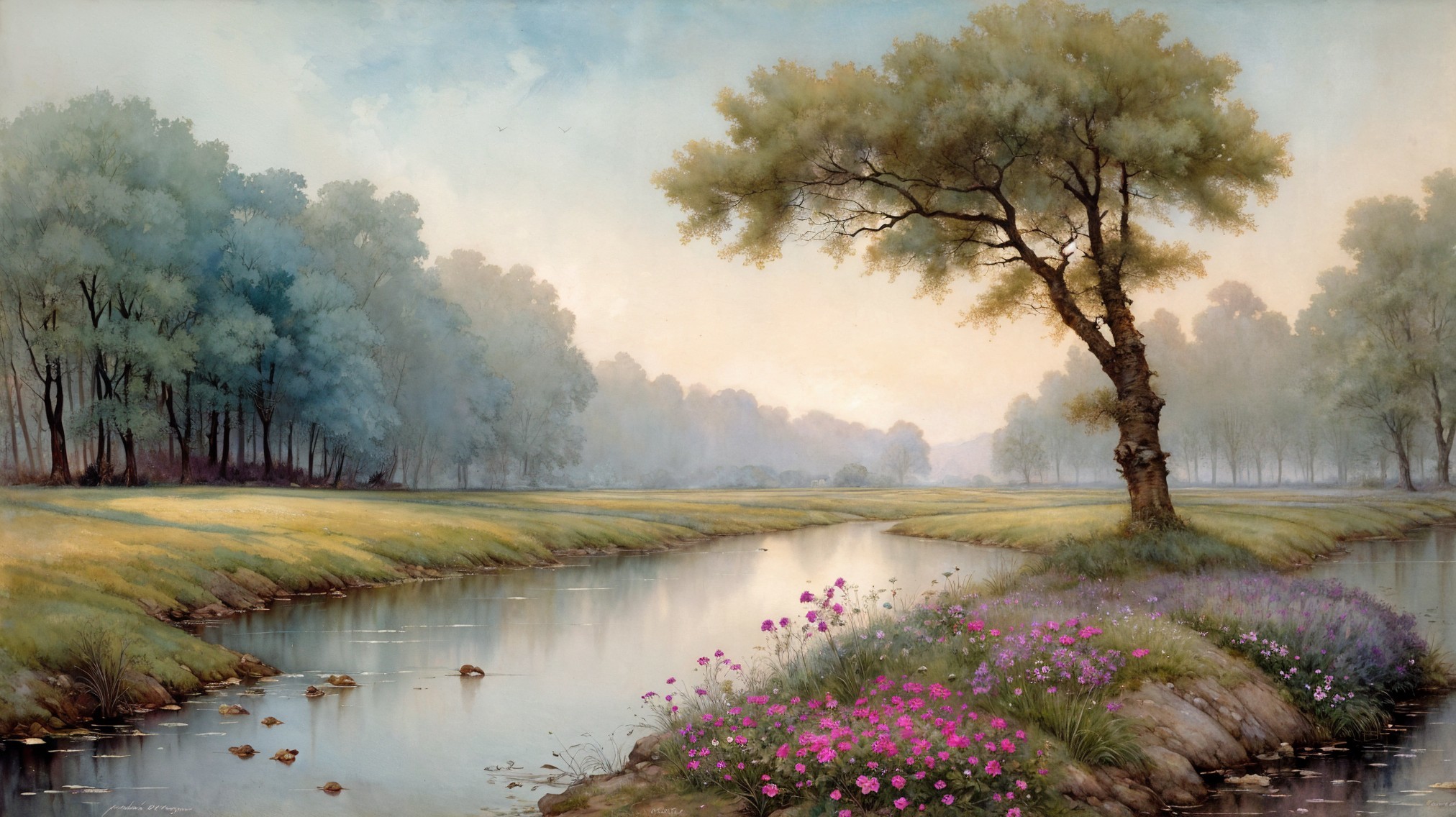 Serene River in a Vibrant Meadow Landscape