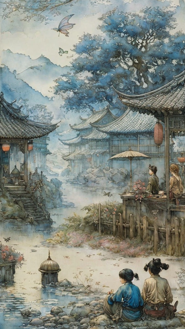 Watercolor of a tranquil village by a calm river