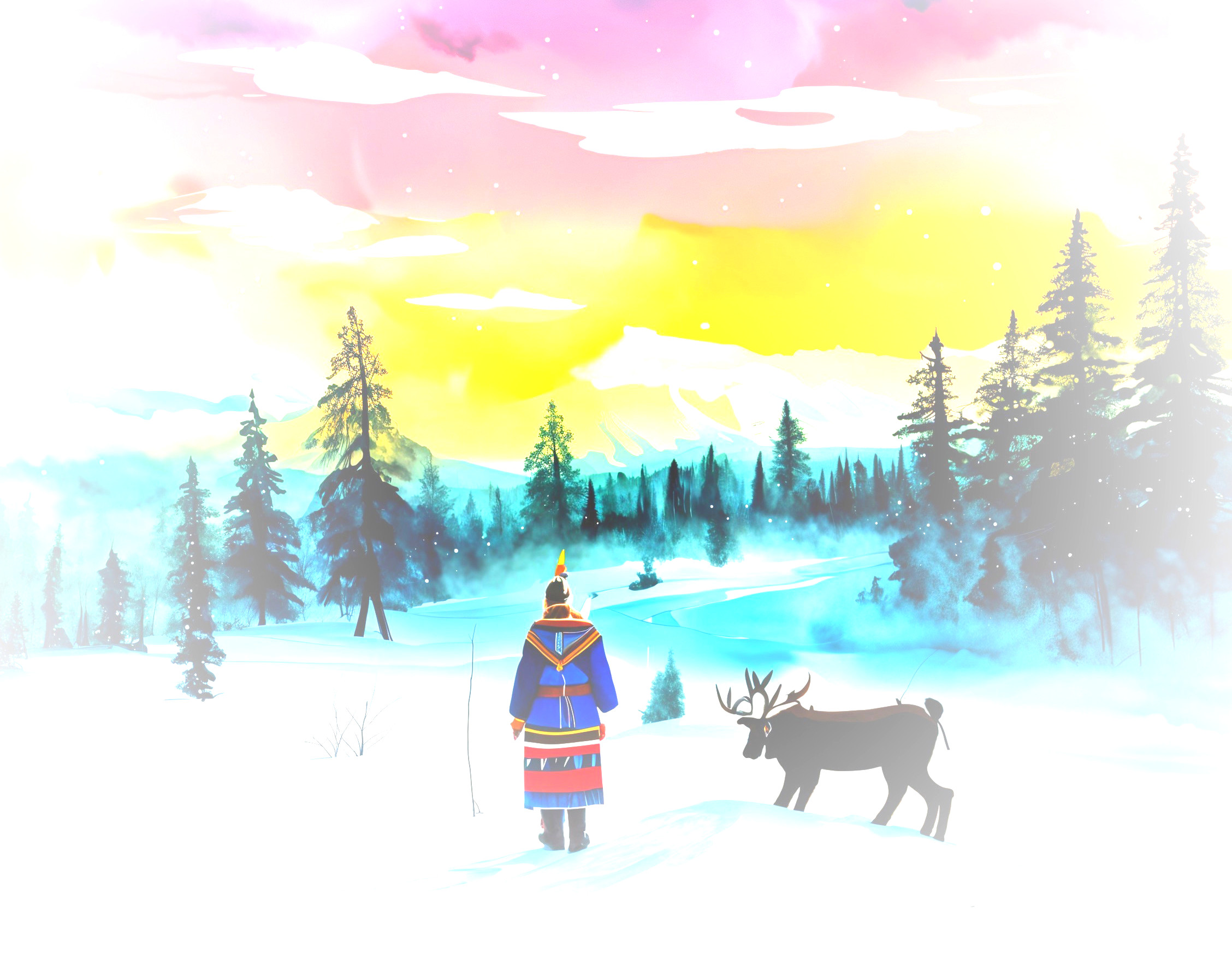 Serene Winter Landscape with Figure and Reindeer