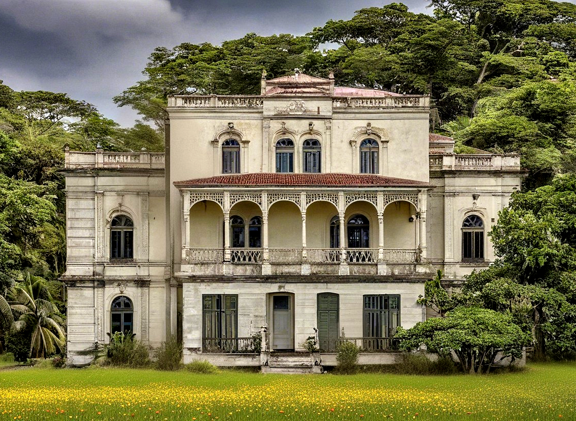 Historic mansion with intricate architecture and gardens