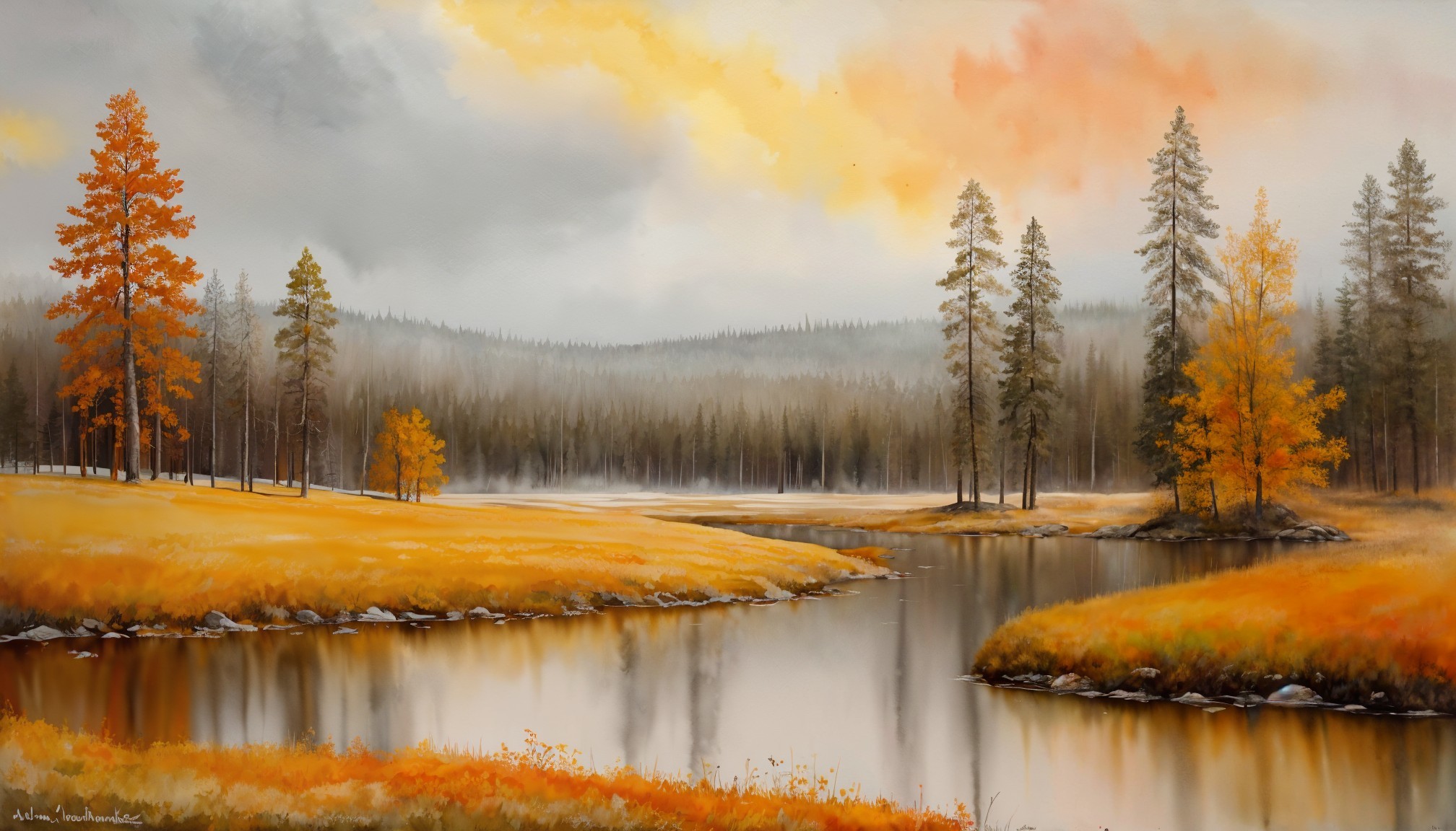 Autumn Landscape with River and Evergreen Trees