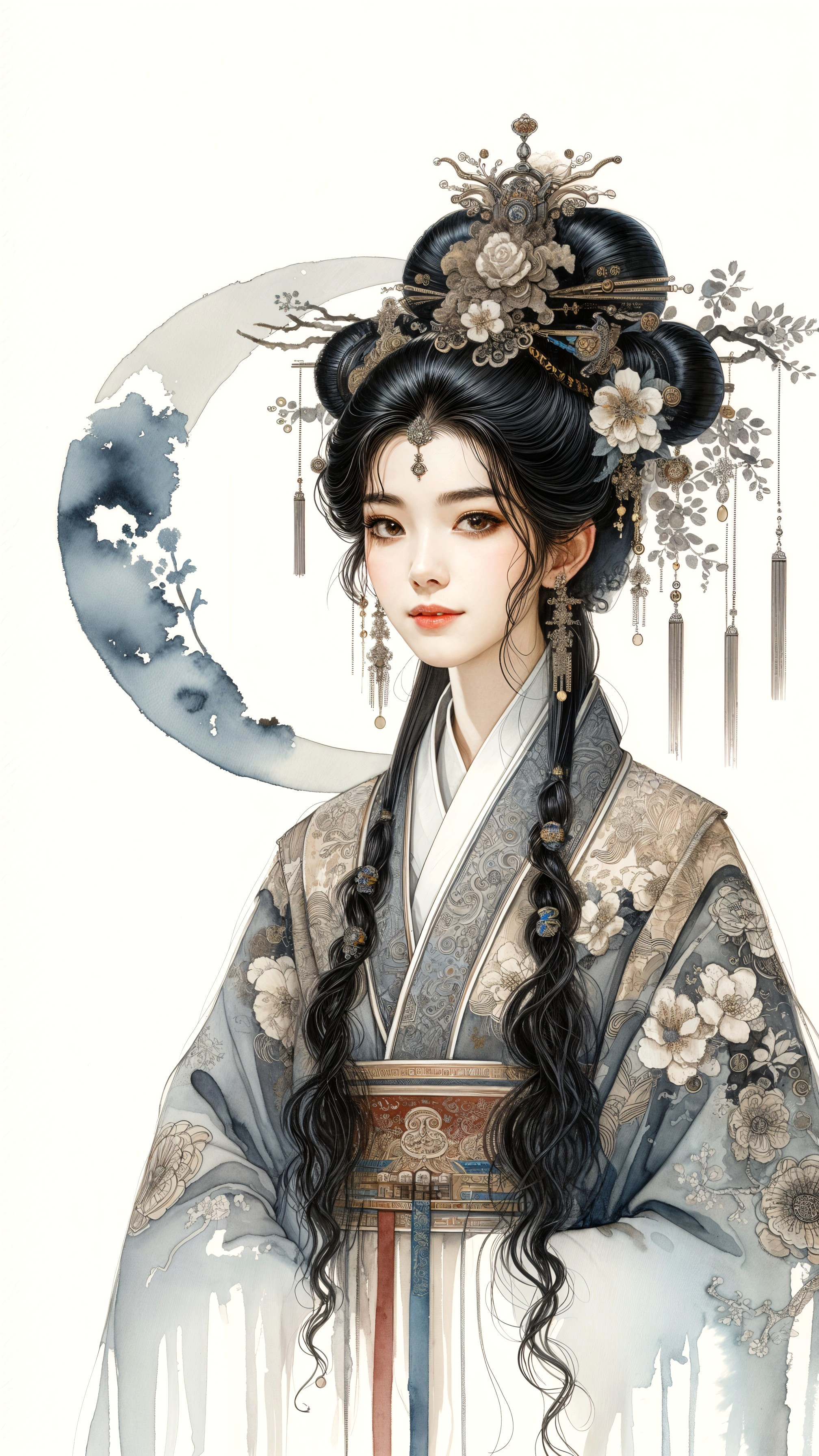 Elegant Woman in Traditional Floral Gown with Moon