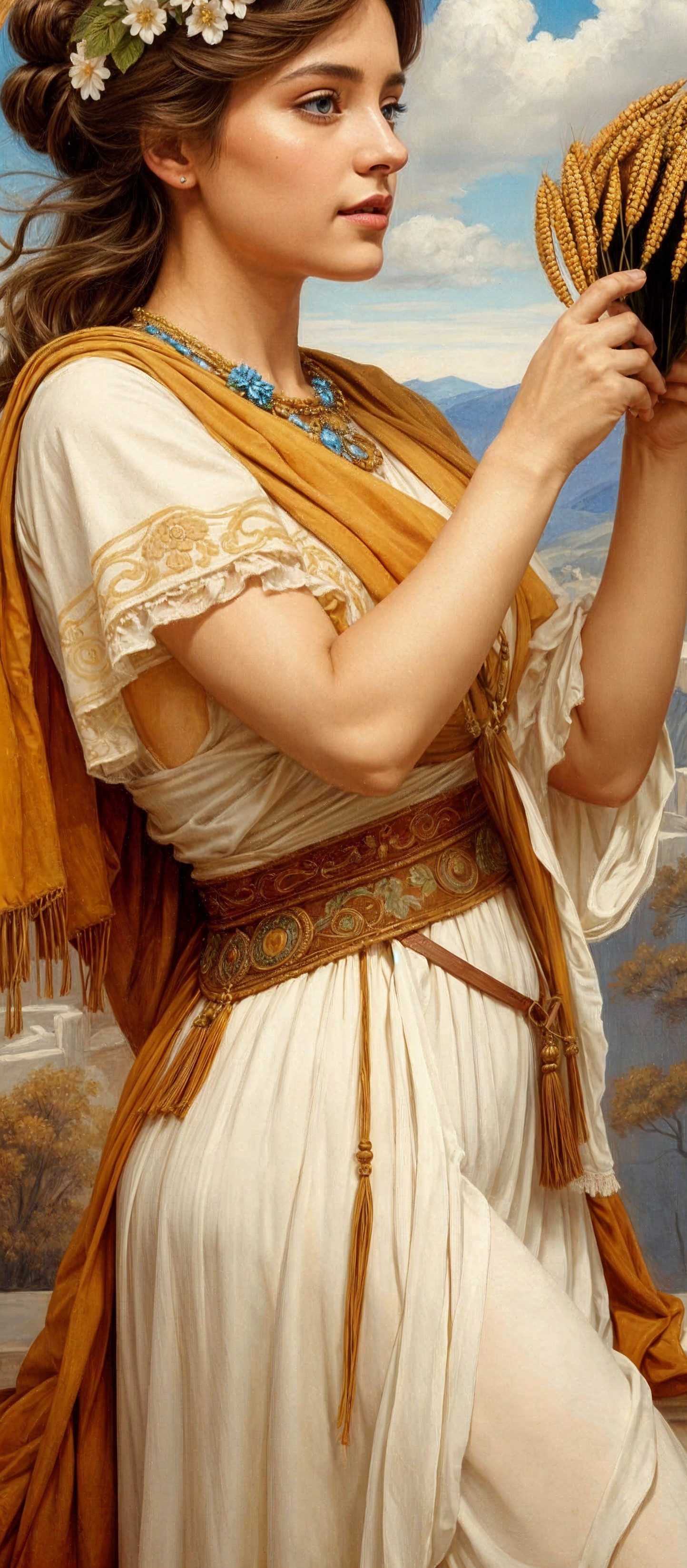 Young Woman in White Gown with Wheat in Serene Landscape