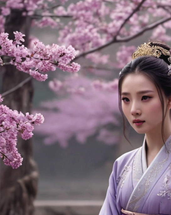 Serene Woman in Traditional Attire Among Cherry Blossoms