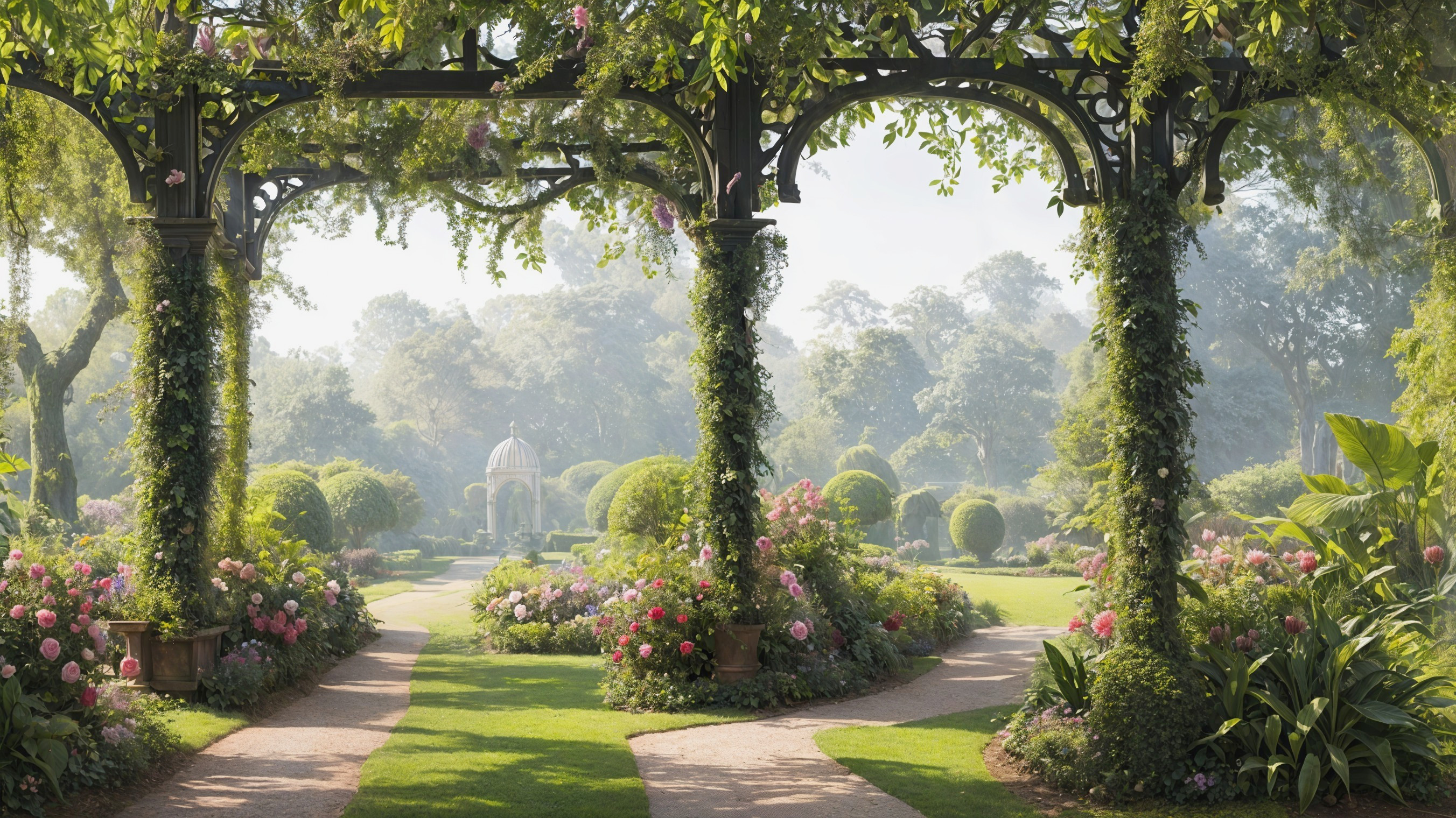 Tranquil Garden Pathway with Lush Greenery and Gazebo