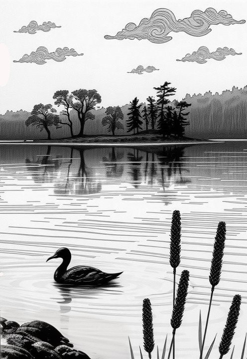 Serene Lake Scene with Duck and Reflective Sky