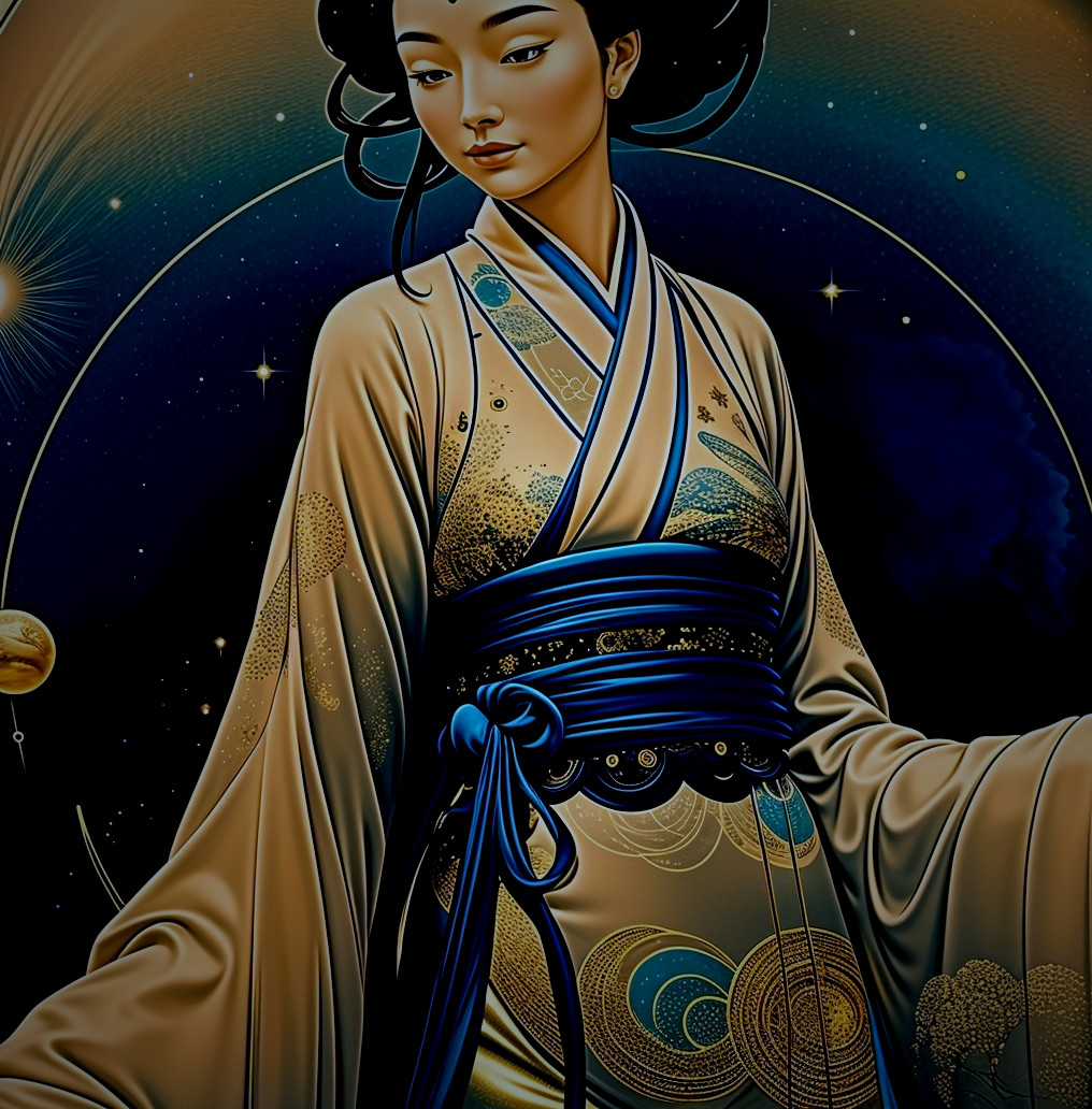Elegant Kimono with Celestial Patterns in Cosmic Setting
