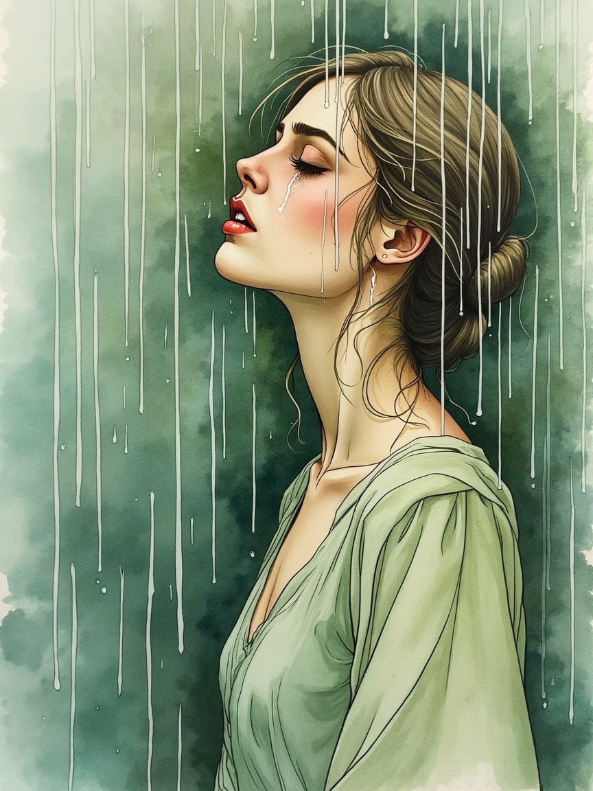 Young woman in rain with emotional expression and tears