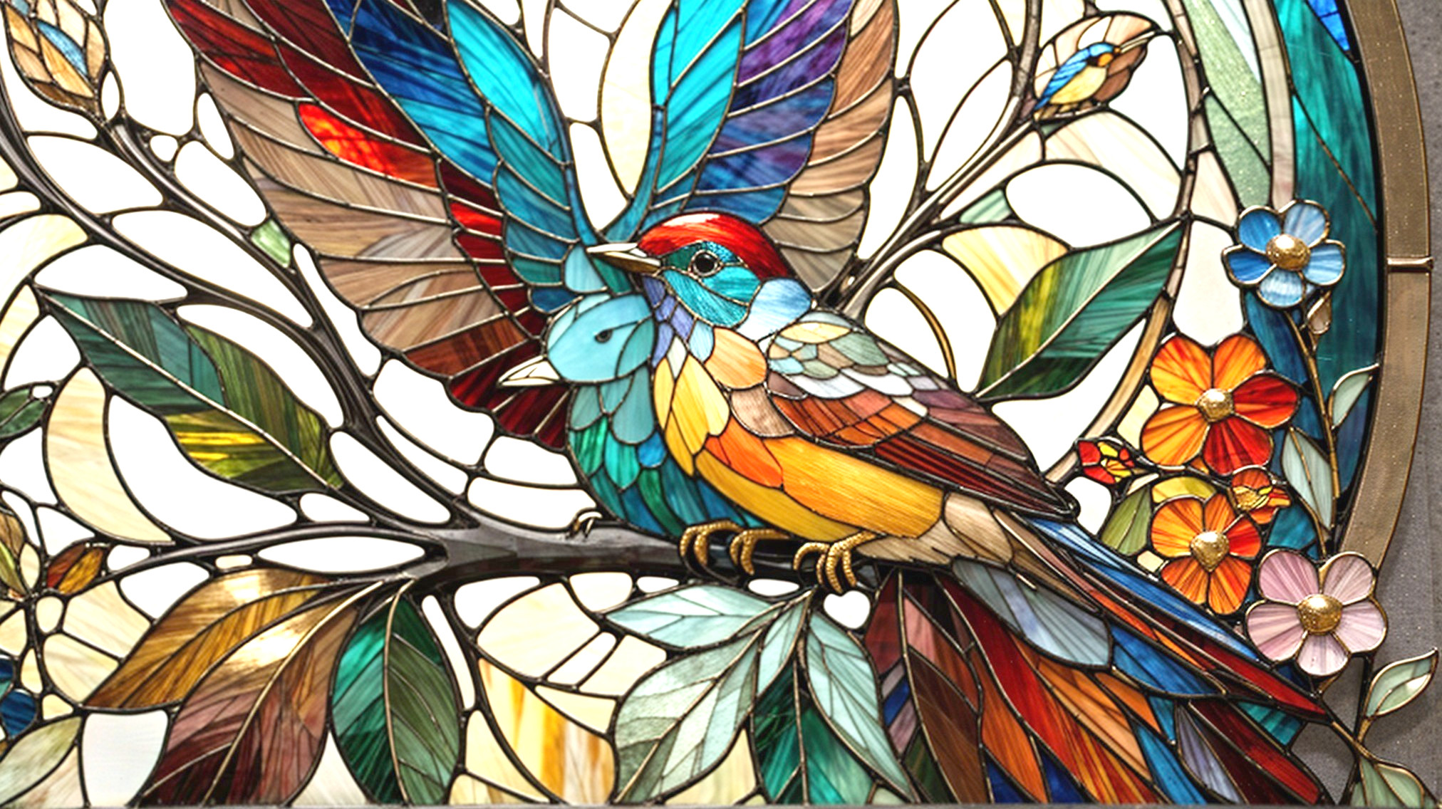 Vibrant Stained Glass Art with Colorful Birds and Foliage