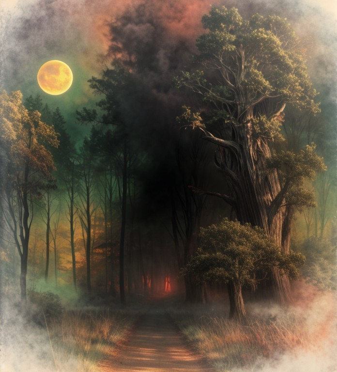 Misty Forest Path Under Glowing Full Moon