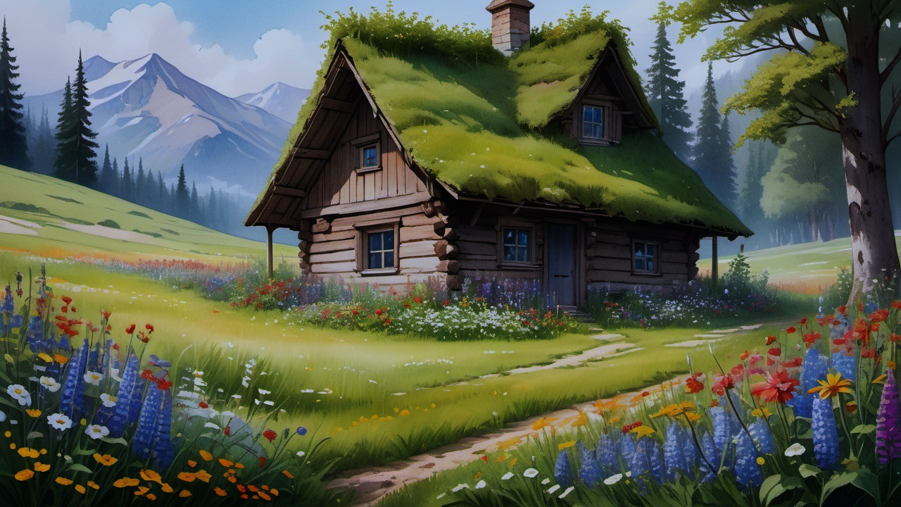 Wooden Cottage in Vibrant Meadow with Wildflowers
