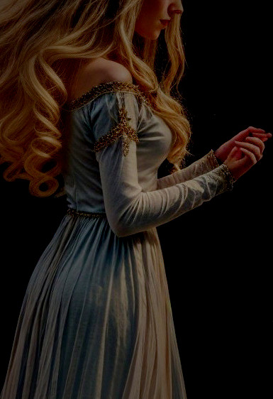 Graceful figure in soft gown in dark ethereal landscape