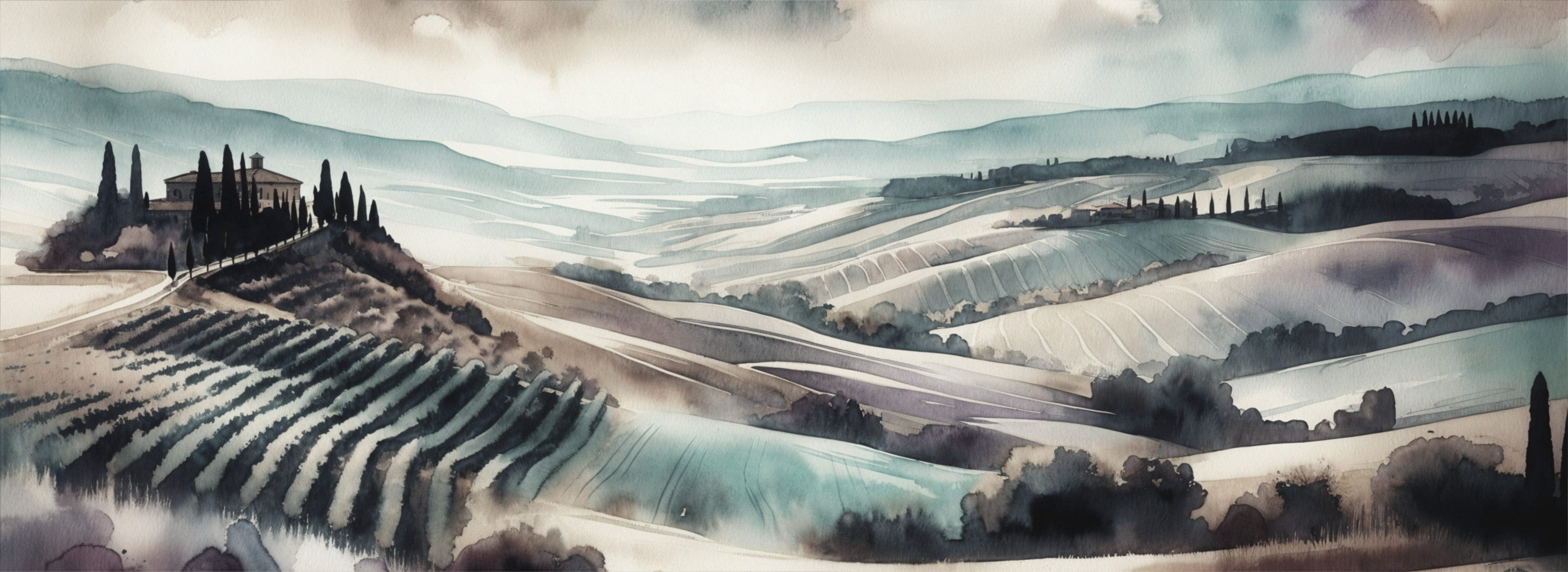 Watercolor Landscape of Hills and Vineyards