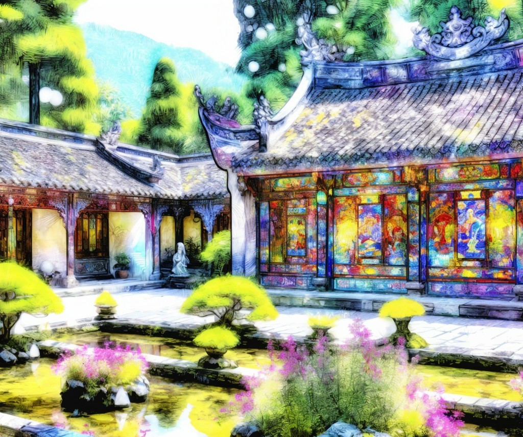 Intricate Courtyard Garden with Lush Greenery and Pond