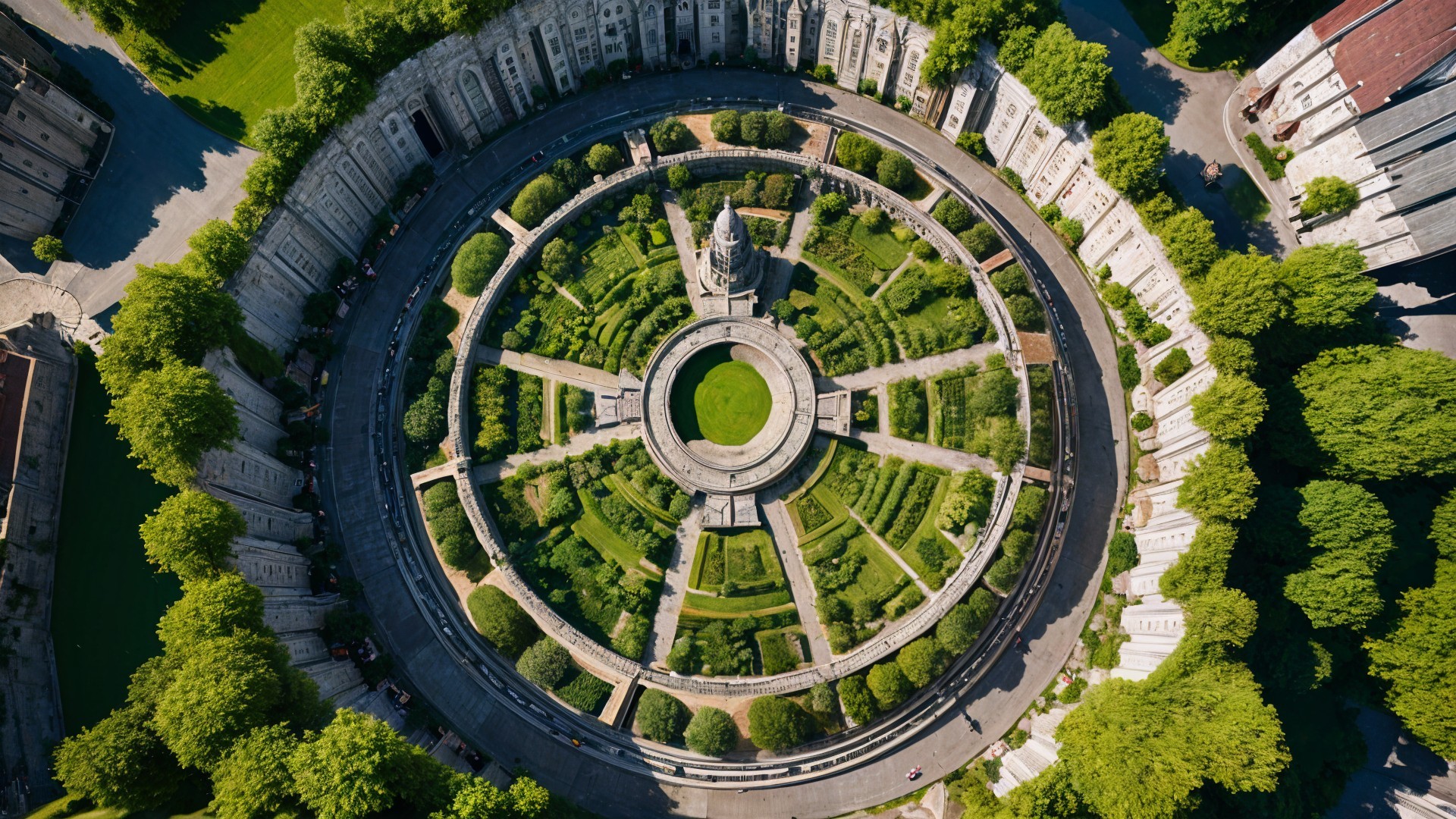 Aerial View of Circular Garden Design with Stone Structure