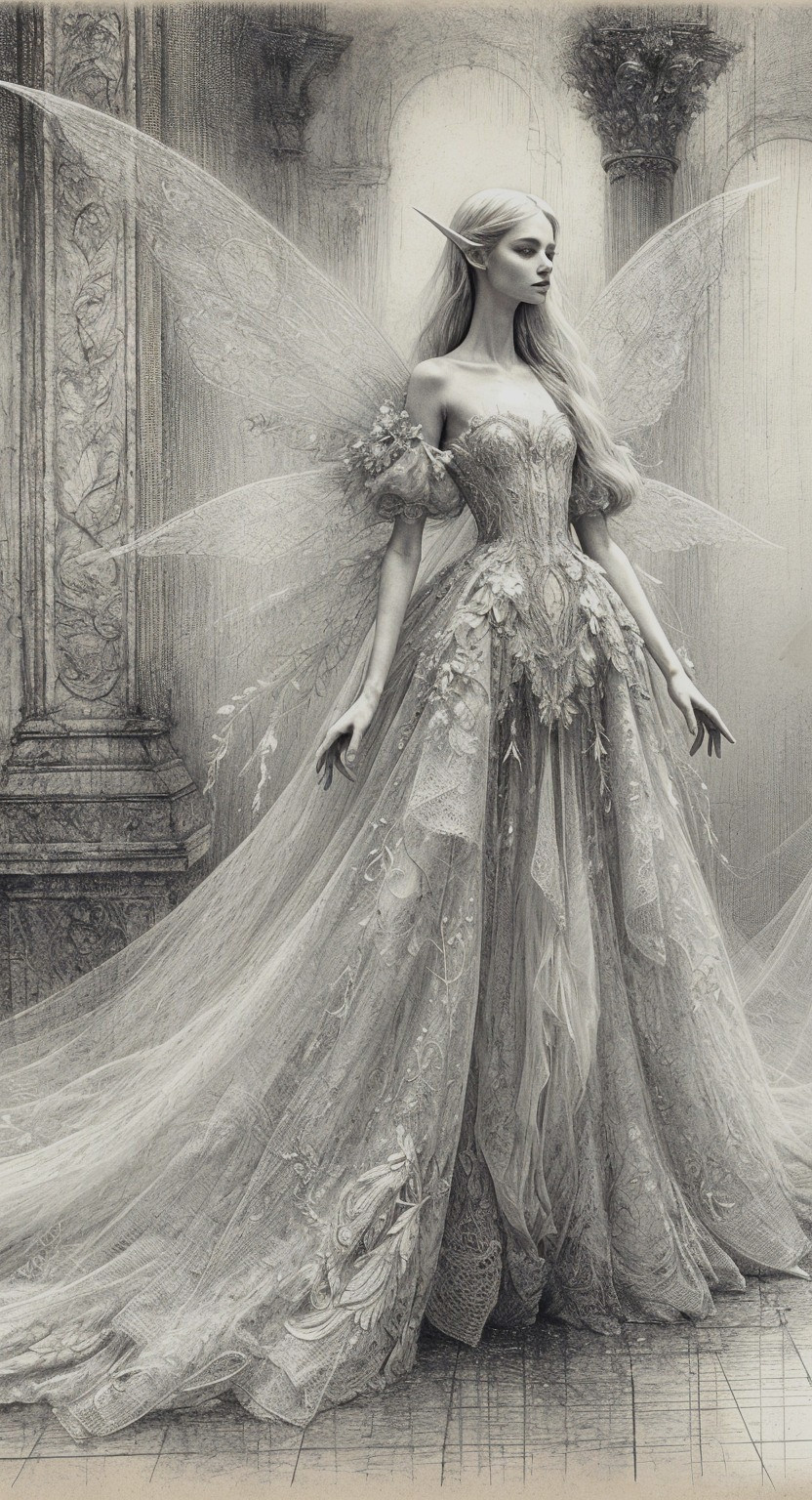 Fairy in Ethereal Space with Elegant Gown and Wings