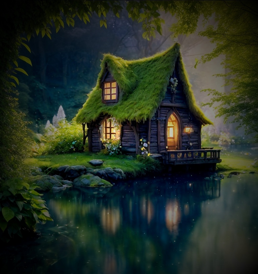 Whimsical Cottage by Tranquil Pond and Lush Greenery
