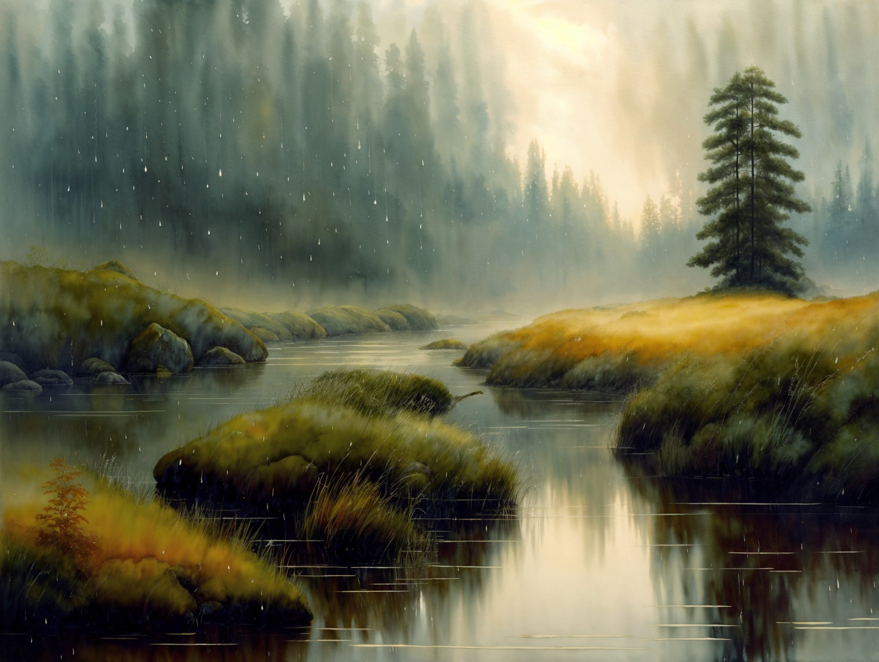 Tranquil River Landscape with Lush Greenery and Mist