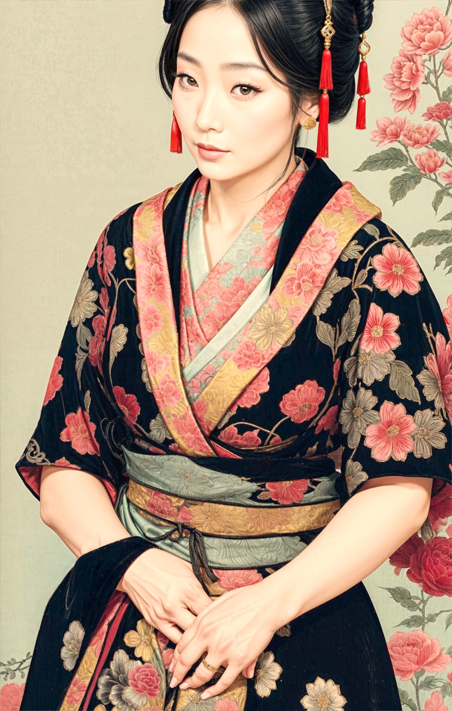 Traditional Kimono with Floral Patterns and Accessories