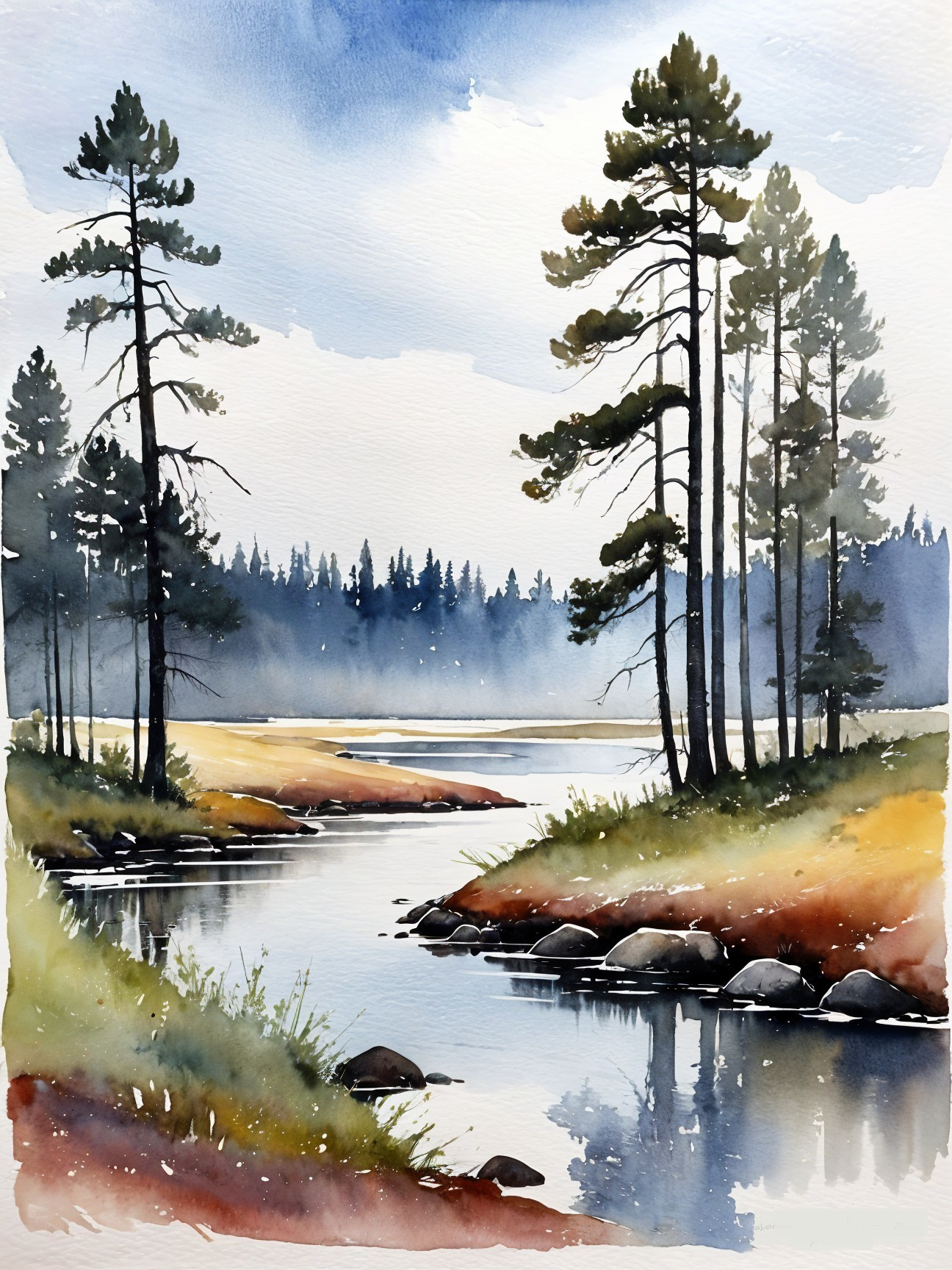 Watercolor Landscape of a Tranquil River and Trees