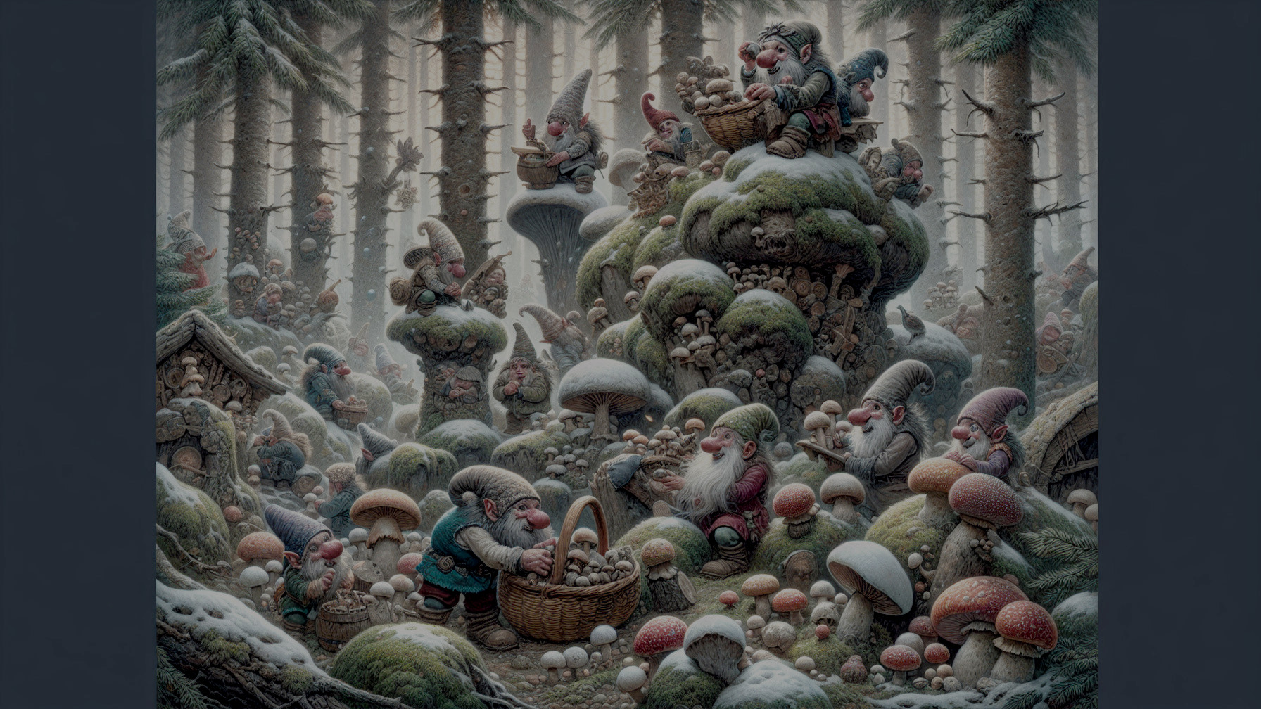 Whimsical Forest Scene with Gnomes and Mushrooms