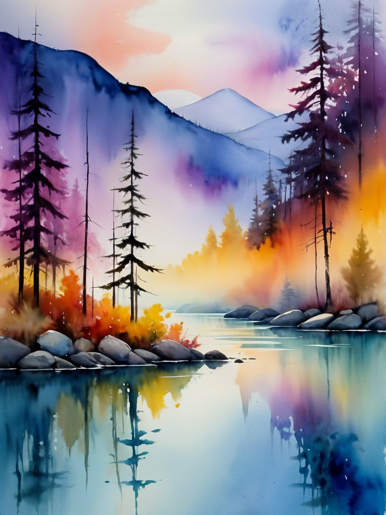 Tranquil River Landscape with Lush Foliage and Mountains
