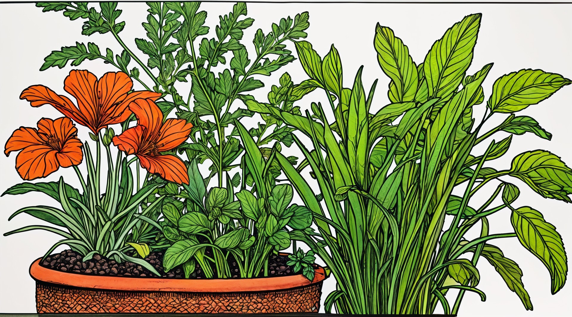 Vibrant Potted Arrangement with Orange Flowers and Foliage