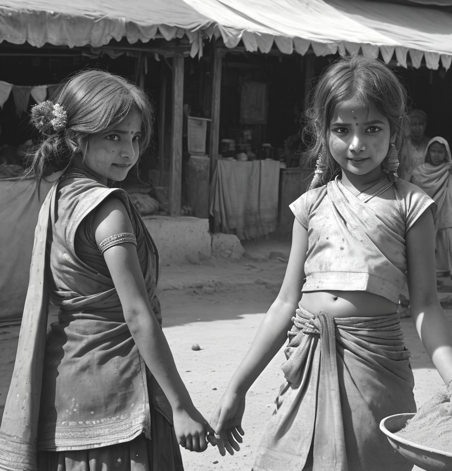 Young girls in traditional attire in a rural marketplace