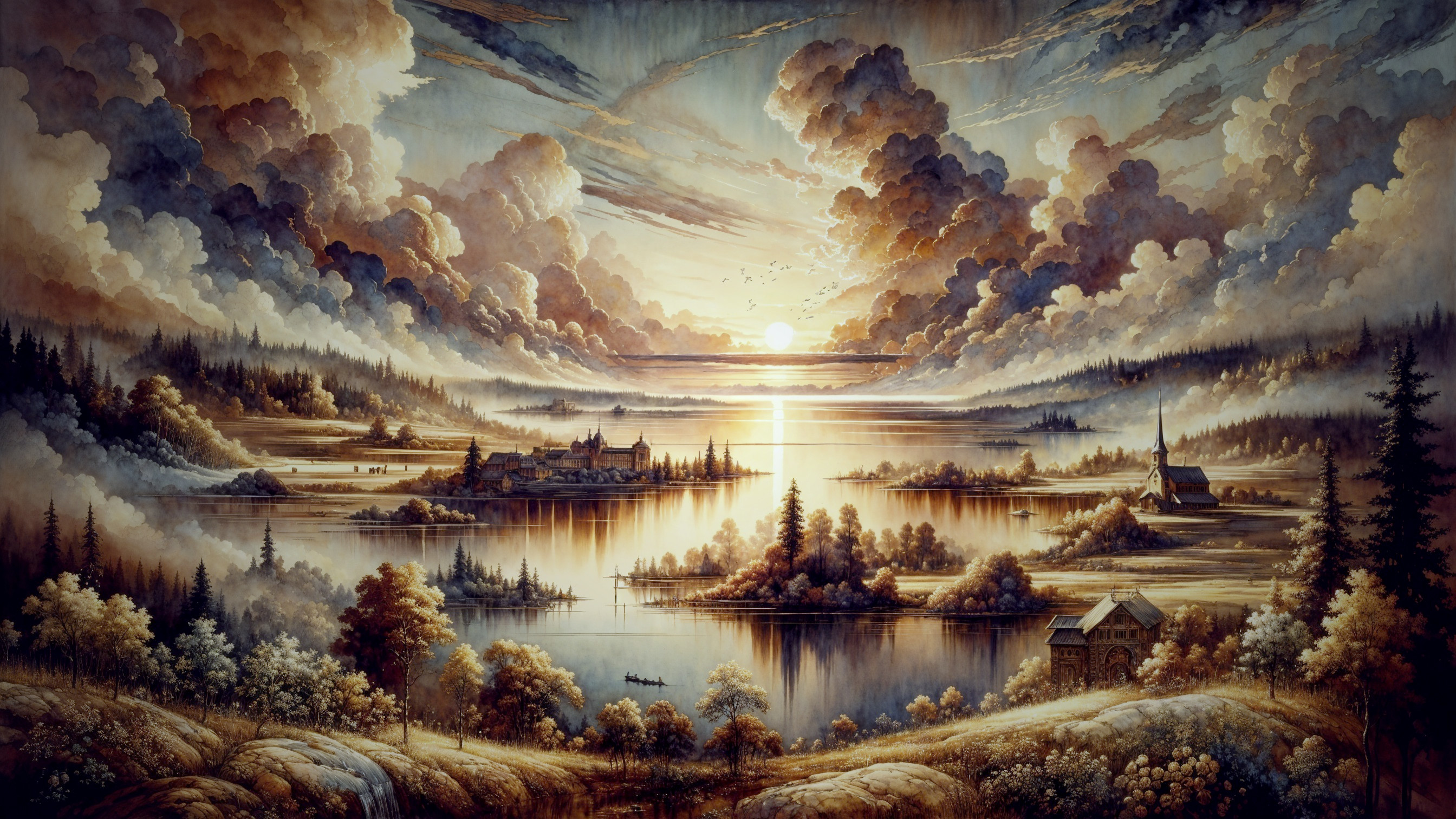 Serene Sunset Landscape with Tranquil Lake Reflection