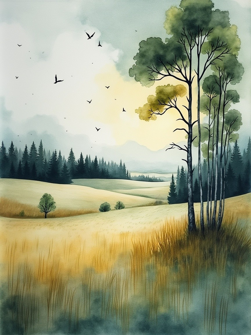 Serene Landscape with Rolling Hills and Towering Trees