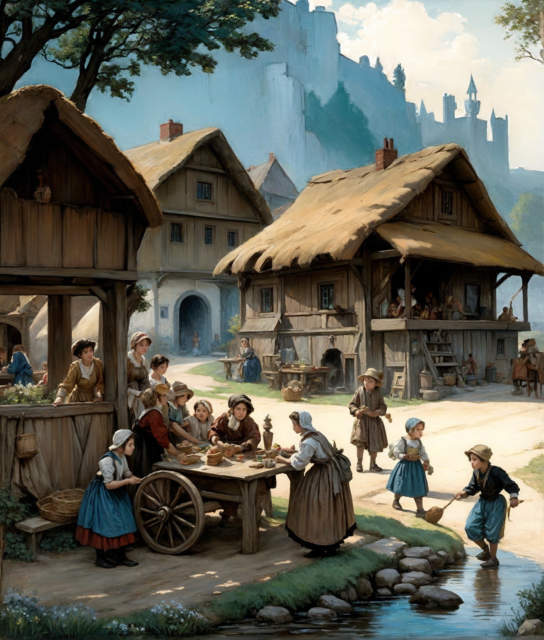 Medieval Village Scene with Baked Goods and Castle