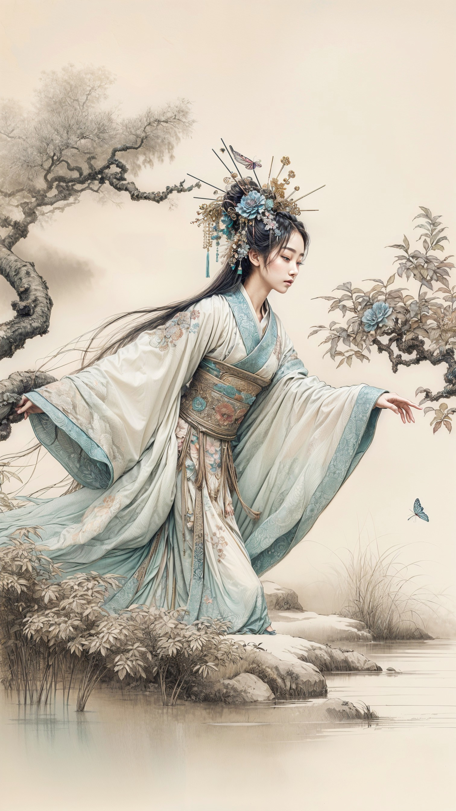 Graceful Woman in Traditional Gown by Water Body