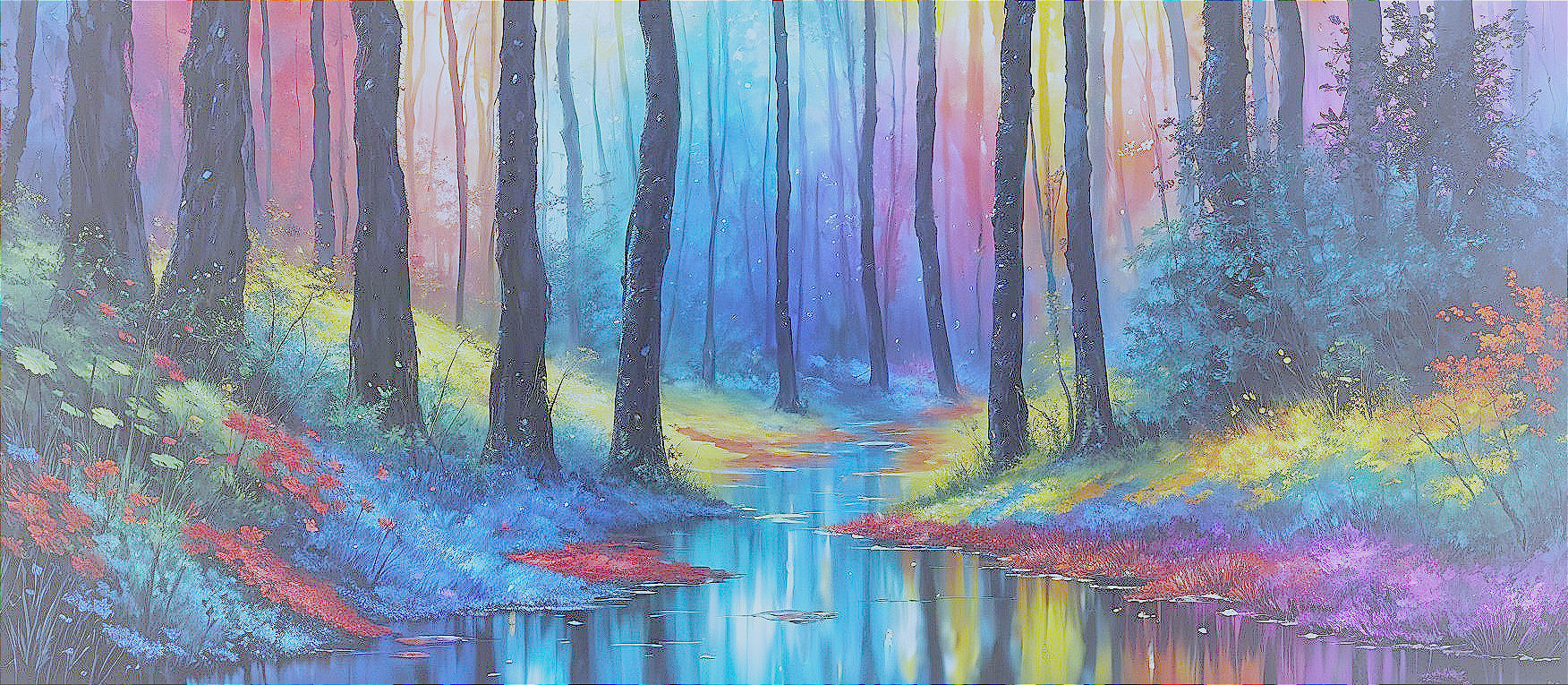 Mystical Forest with Colorful Trees and Stream