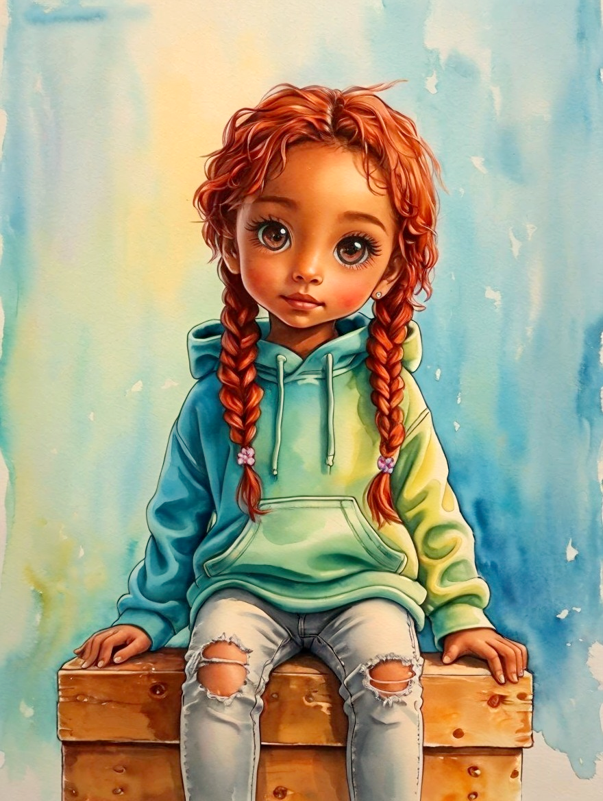 Whimsical Illustration of a Girl with Red Braids