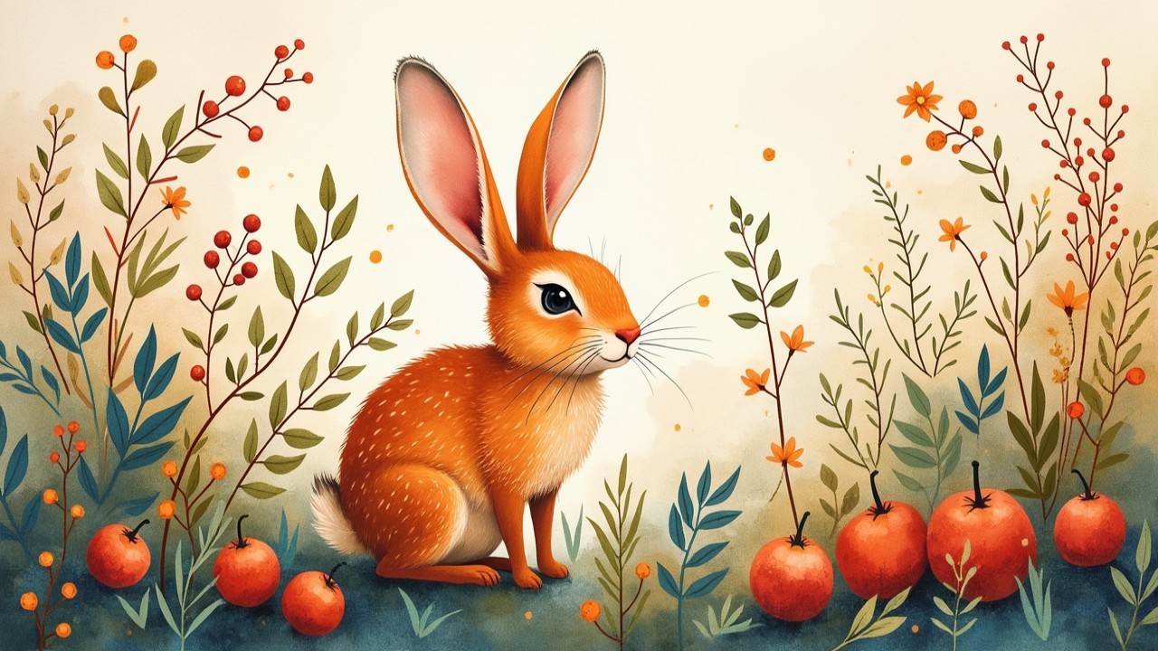 Fluffy Orange Rabbit Surrounded by Wildflowers and Fruits