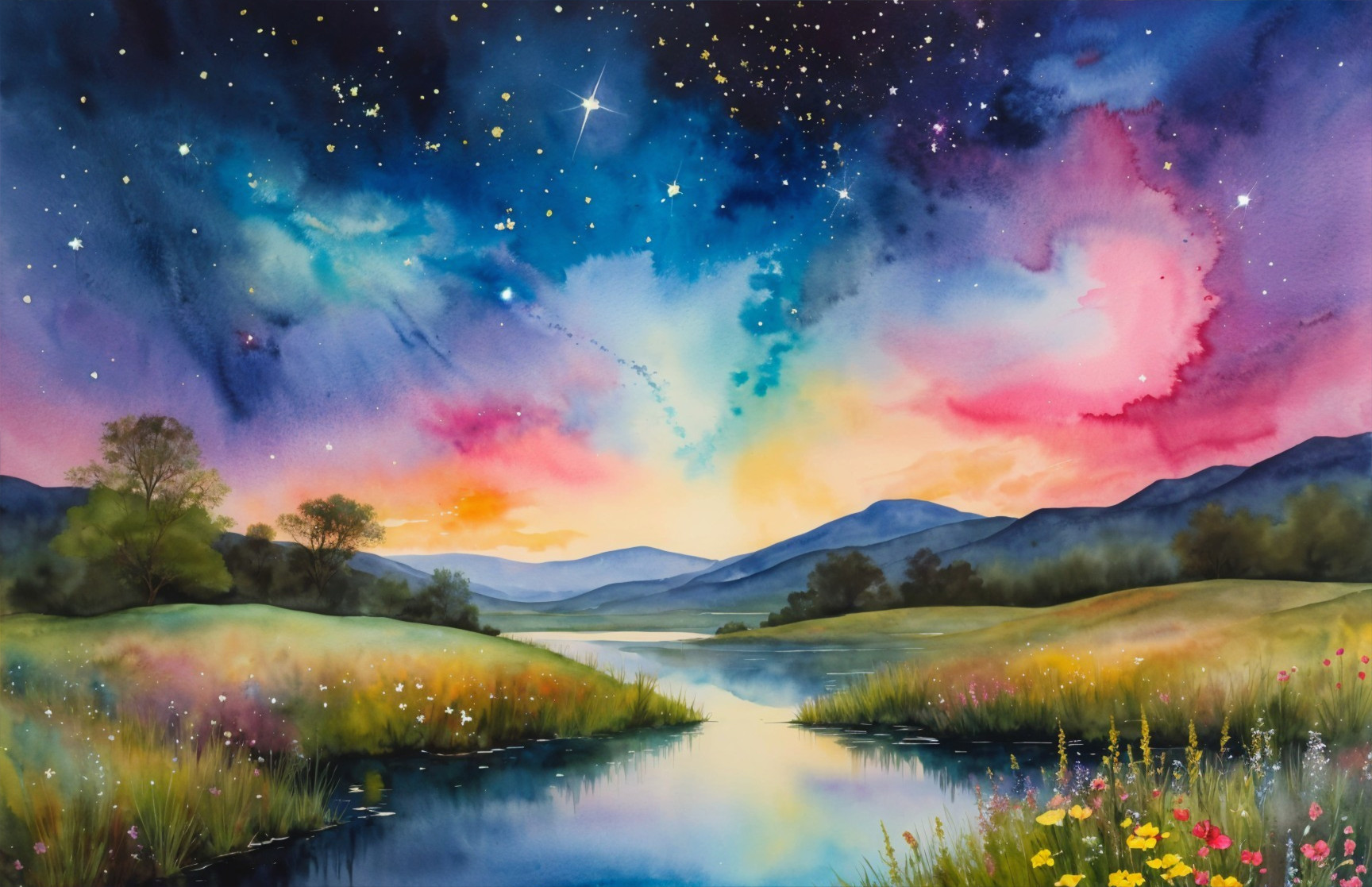 Serene Dusk Landscape with River and Wildflowers