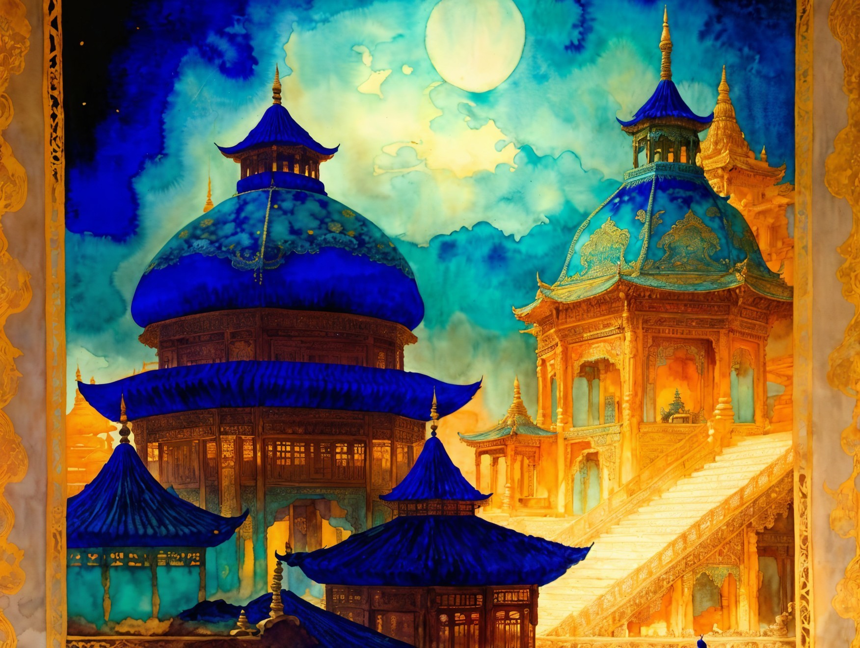 Surreal Landscape with Blue-Roofed Structures