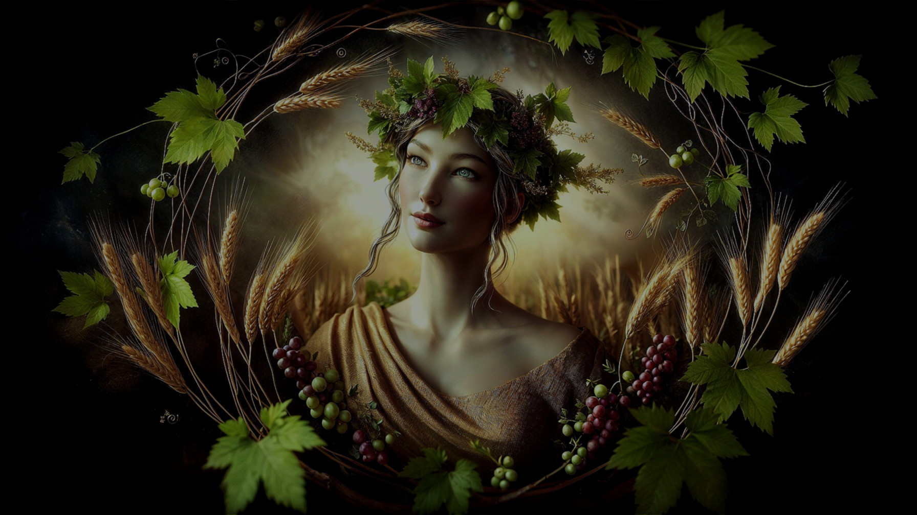 Ethereal Woman Surrounded by Nature's Bounty