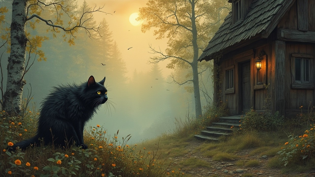 Mystical Cottage Scene at Dusk with Wildflowers and Cat