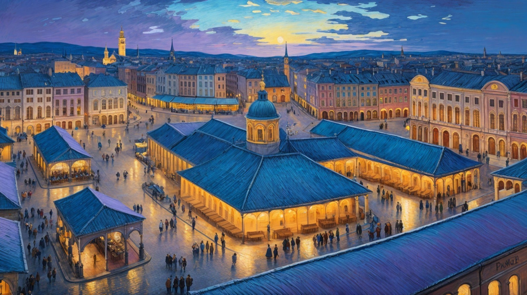 Vibrant Town Square at Twilight with Colorful Stalls