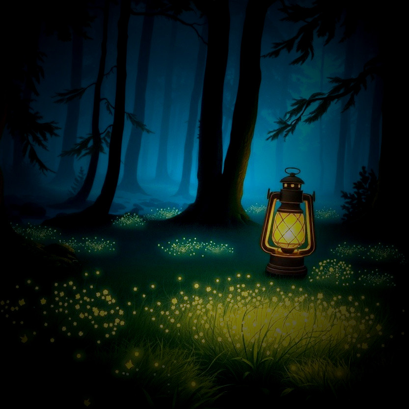 Tranquil forest scene with glowing lantern and fireflies