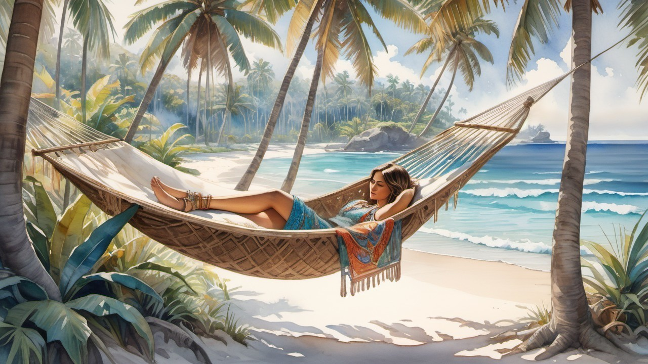 Serene Beach Scene with Woman in Hammock and Ocean