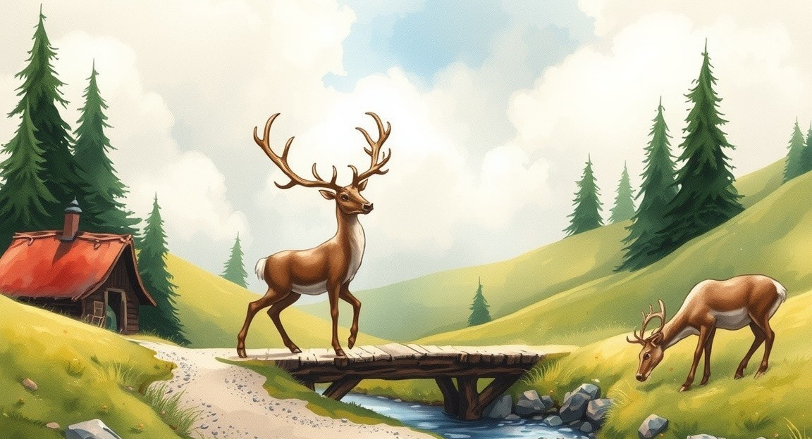 Serene Landscape with Deer and Cozy Cabin Scene