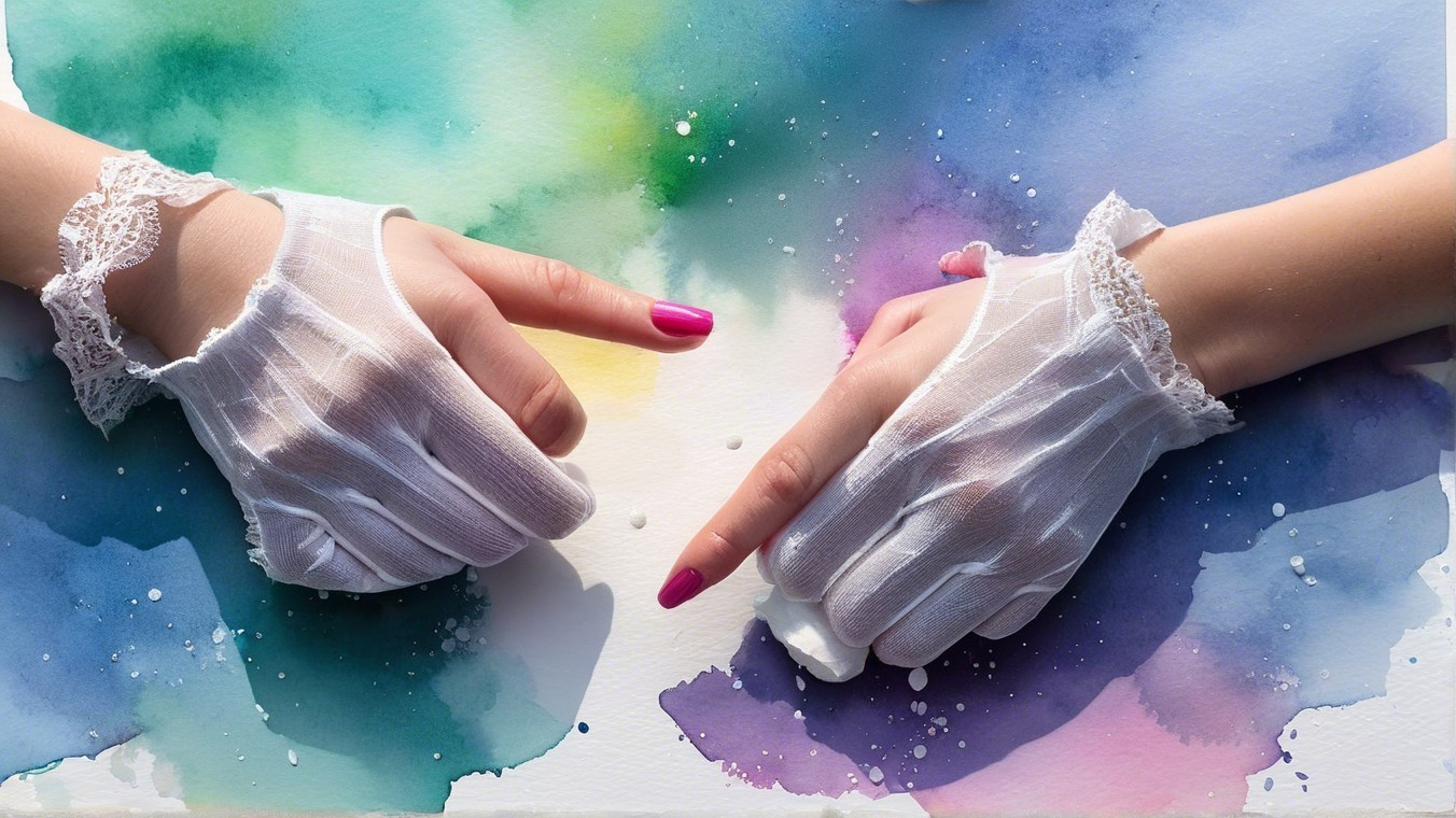 Delicate gloved hands against a vibrant watercolor backdrop
