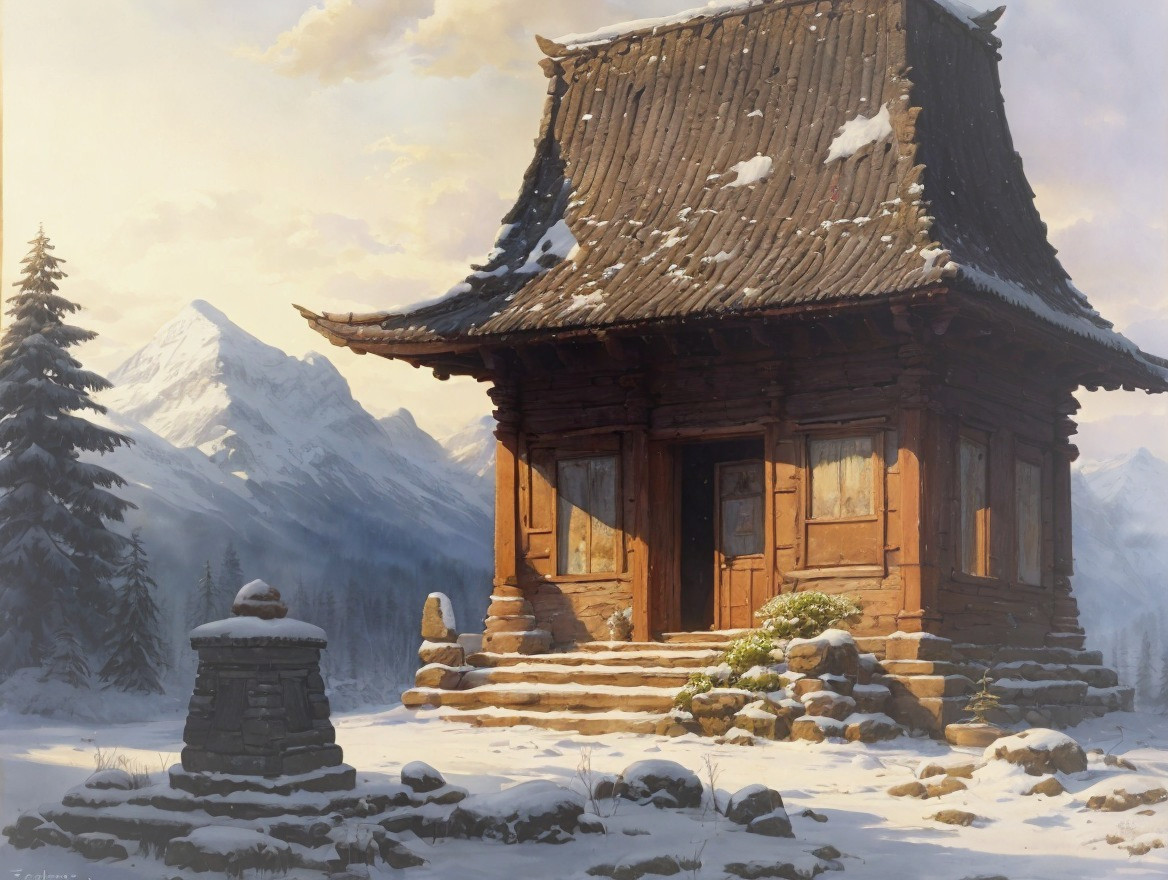 Serene Winter Landscape with Rustic Temple and Mountains