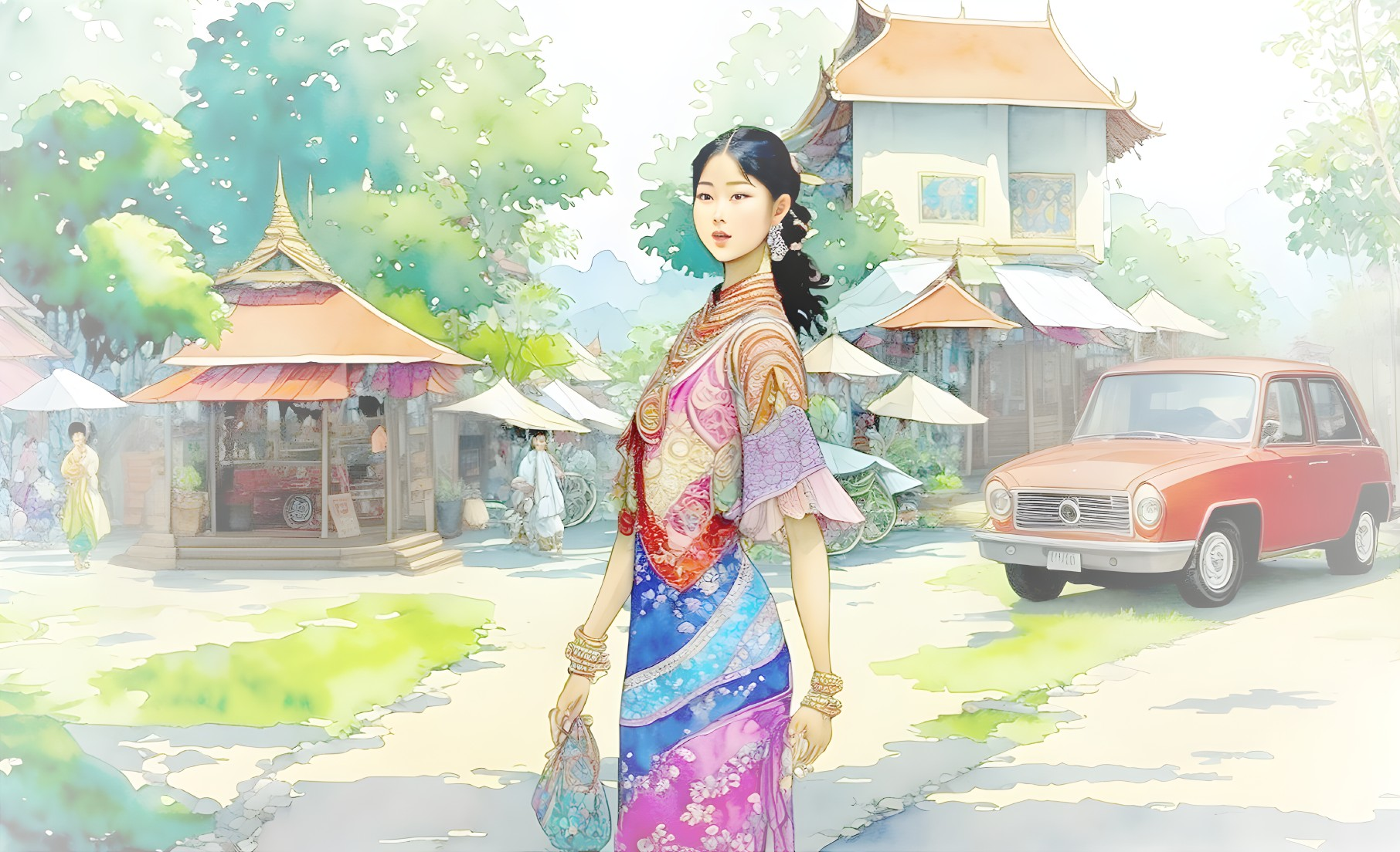 Woman in Traditional Outfit in Picturesque Village
