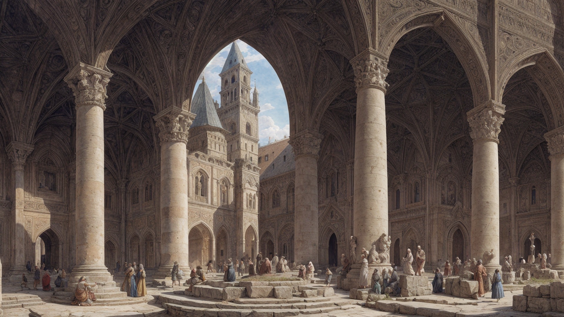 Grand architectural space with carved arches and clock tower